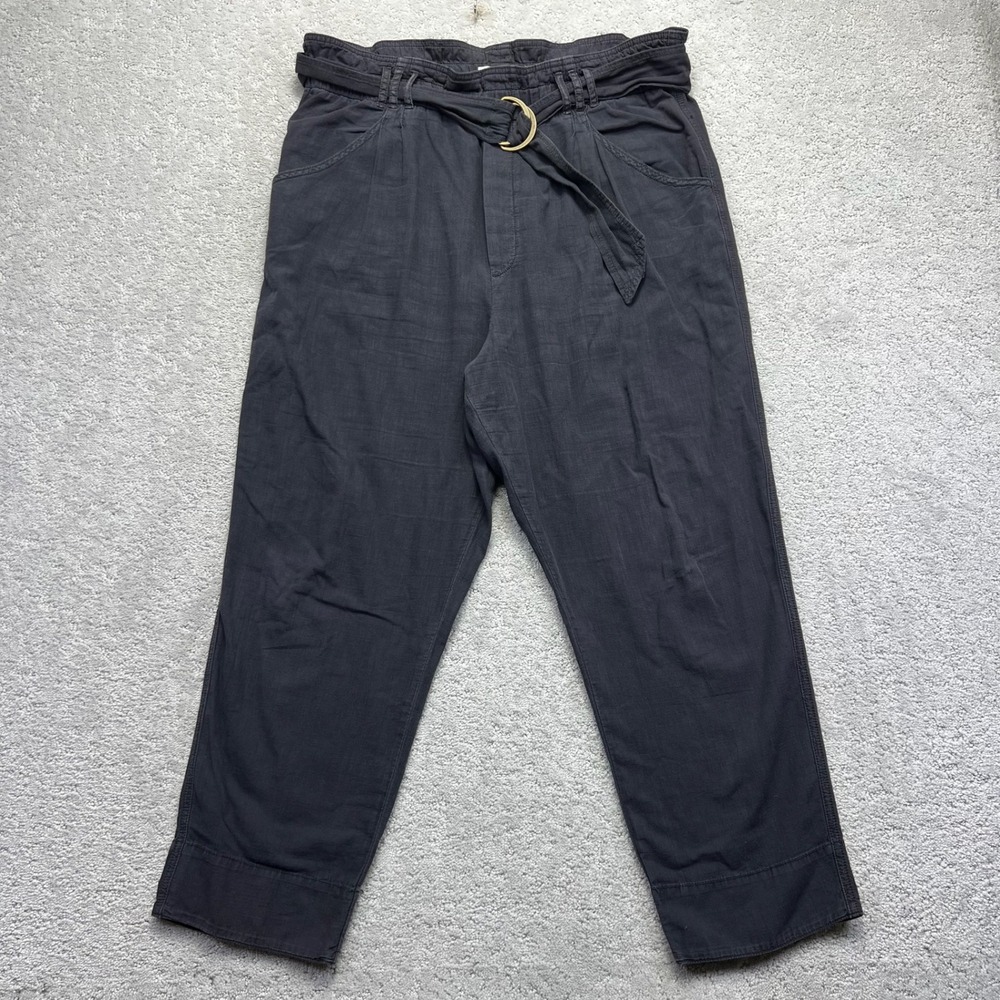 Anthropologie Pants Womens L Black Cotton Paperbag Waist Belted Casual Preppy
